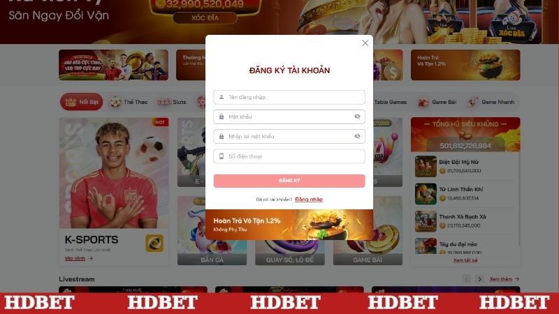 Thao tác đăng ký nhanh trên HDBET